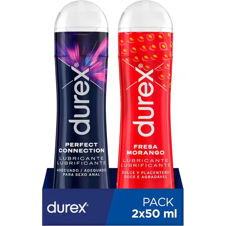 Durex Lubricante Perfect Connection Base Silicona + Durex Gel Lubricante Sabor Fresa a base de Agua - lubricante apto para sexo vaginal, anal y oral - PACK DE 2 x 50ml - 1