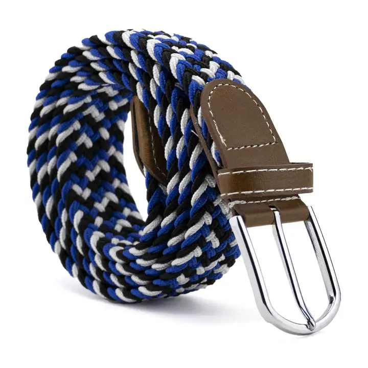 CINTURONTOP Cinturón Trenzado Extensible y Elástico de Tela Elástica Trenzada, Ajustable - Blanco Azul y Negro, 110 Cm - 1