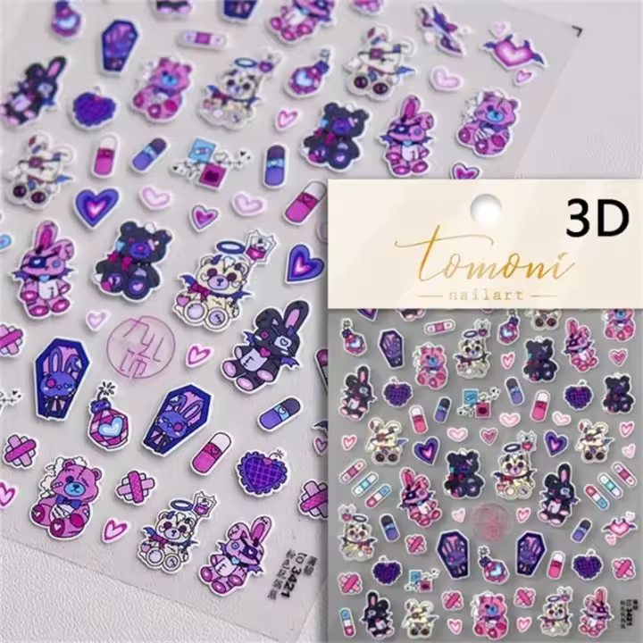 Pegatinas De Uñas 3D Retro Con Relieve Emboss Negro Y Calavera Para Hombre Y Mujer Adhesivo Autoadhesivo De Mano Oso Conejo Pájaro Horror Decal Manicure - 1