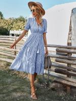 Vestido Largo Medio Casual De Rayas Para Mujer Con Borlas Cuello V Manga Corta Estilo A-Line Primavera Verano Polyester - details 11