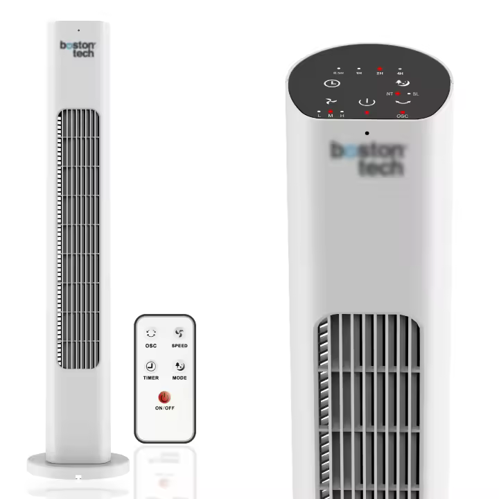 Ventilador de Torre BOREAS: Mando a Distancia, Temporizador hasta 7.5 h, Apagado Automático, Botones de Tacto, 81cm de Altura, Oscilación 75°, 3 Velocidades, Night Mode, EnergySilence, WE121 (Blanco) Boston Tech - 1