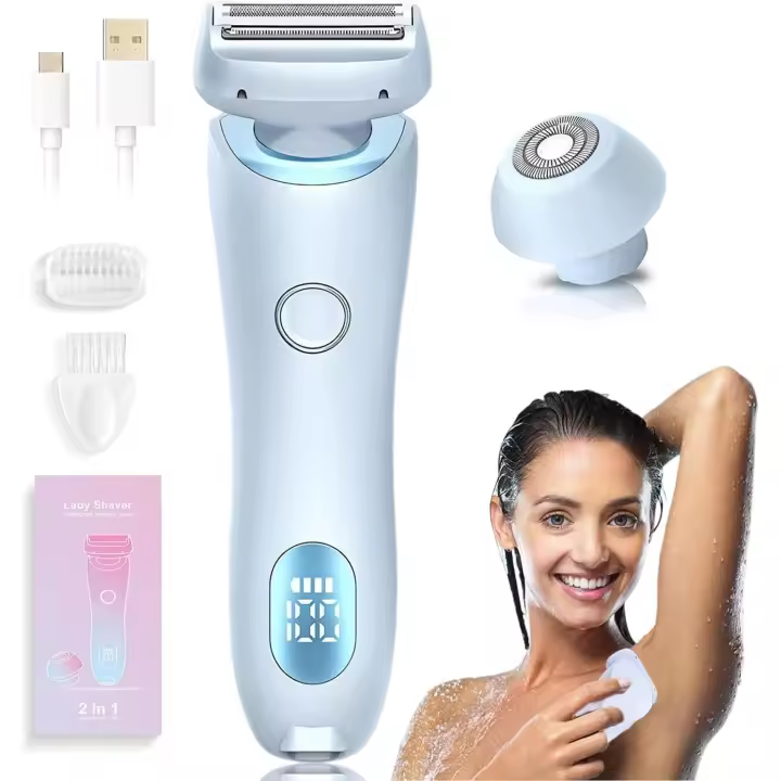 Maquinilla de afeitar eléctrica, afeitadora eléctrica, afeitadora eléctrica 2 en 1 para mujeres, afeitadora de doble cabezal desmontable, afeitadora para uso en seco y húmedo (azul) - 1
