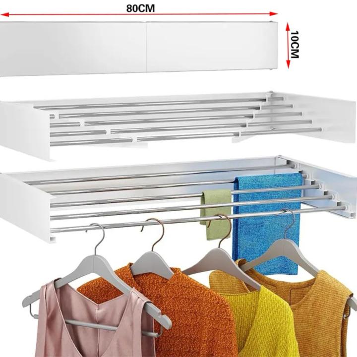 Tendedero Plegable Montar en Paredes - Retráctil - Tendedero Plegable de 80cm para Interiores o Exteriores -y Compacto Que Ahorra de Espacio, Capacidad para 30Kilos, Cuenta con 6 barras de 80cm aluminio de alta resistencia. (T001 1990 D1)