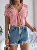Cardigan De Punto Para Mujer Verano Otoño Ligero De Visón Manga Corta Cuello Redondo Estilo Casual Color Sólido Con Agujeros - details 10