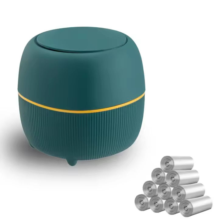 Mini bote de basura para encimera con tapa a presión, ideal para baño, hogar y oficina (ovalado, verde oscuro) - 1