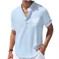 Camisa De Lino Breton Para Hombre Casual Verano Color Sólido Manga Corta Transpirable Suéter Con Bolsillo Top Basic Juvenil - details 5