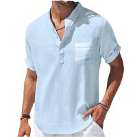 Camisa De Lino Breton Para Hombre Casual Verano Color Sólido Manga Corta Transpirable Suéter Con Bolsillo Top Basic Juvenil - details 5