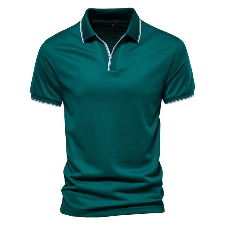 POLO de talla europea para hombre, camiseta POLO de color sólido con cuello en V, ropa de trabajo, tops de manga corta para primavera y verano 2024 - 1