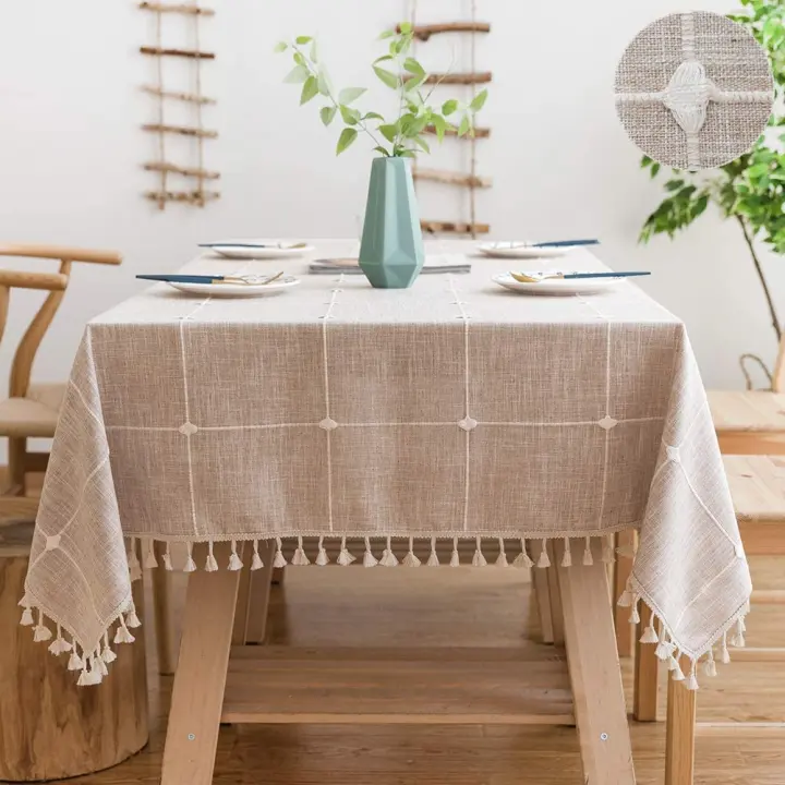 Mantel de Algodón de 140x220 cm, rectangular, lavable, de Linen, elegant, fácil de limpiar, Con borlas para el hogar y la cocina - 1