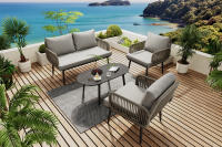 Conjunto chaise longue de Jardín, Conjunto de muebles de Jardín con cojines, de 2 plazas Sofá, 2 sillones y Mesa de Centro, Cuerda Tejida by hand, Tapa de Cristal veteado, Maple vanizado, Gris - details 1