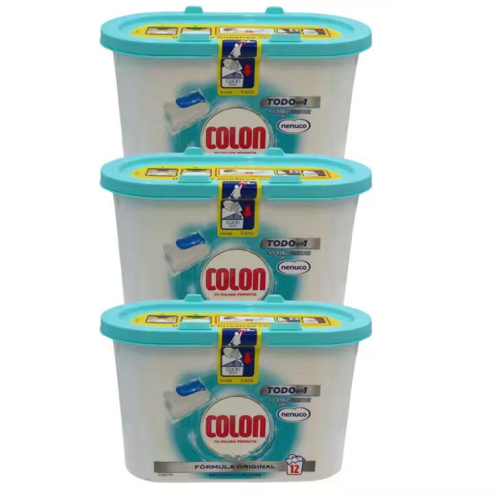 OFERTA PACK DE 3 DETERGENTE COLON. TODO EN 1 Detergente en Cápsulas 12 u X 3 CAJAS = 36. COLON Detergente Original Todo en 1 de 12 cápsulas garantiza una limpieza profunda con fragancia a Nenuco. No daña los tejidos y es eficaz en ciclos cortos agua fria - 1
