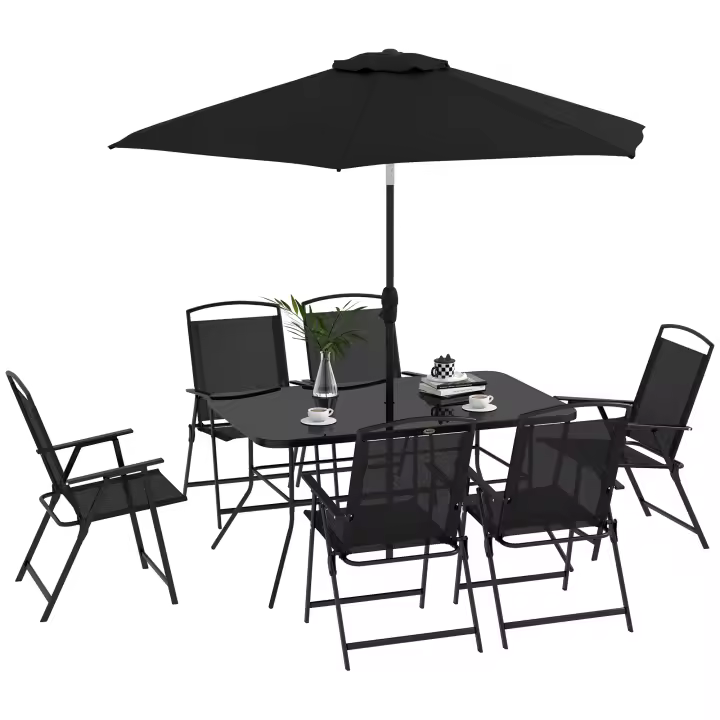 Outsunny Conjunto de Muebles de Jardín 8 Piezas Juego de Comedor de Jardín con 6 Sillas Plegables Mesa de Comedor de Vidrio y Sombrilla Inclinable para Terraza Patio - 1