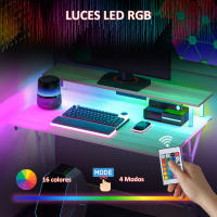 HOMCOM Mesa Gaming con Luces LED 100x60 cm Escritorio Gaming Mesa Gamer con Tomas de Corriente Soporte para Monitor Estantes y Control Remoto para Oficina Estudio Natural - details 3