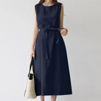 Vestido Largo De Verano Para Mujer Estilo Vintage De Algodón Y Lino Cuello Redondo Sin Mangas Cinturado Talla Grande Casual - details 3