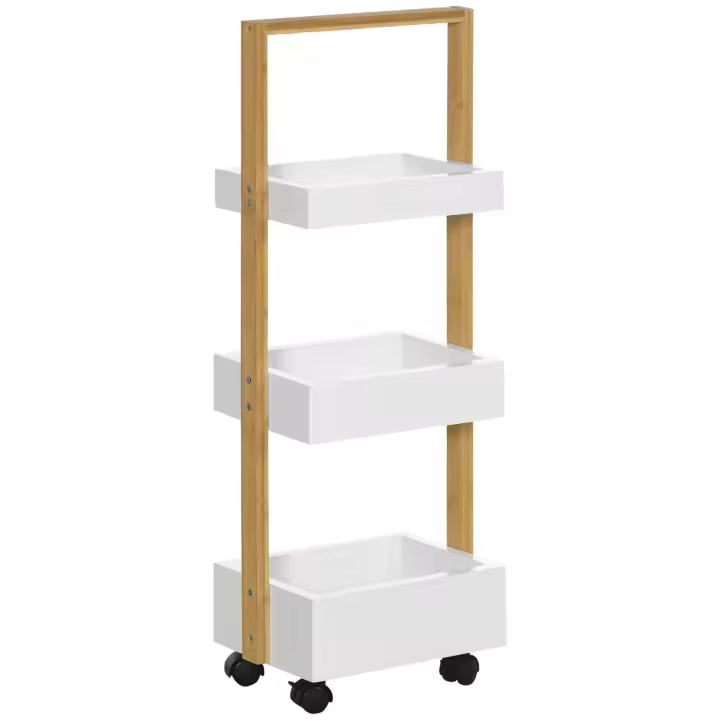 HOMCOM Carrito de Almacenamiento de Bambú Carrito Auxiliar con Ruedas Carrito de Cocina con 3 Cestas y Asa para Salón Baño 28x18x75 cm Blanco y Natural - 1