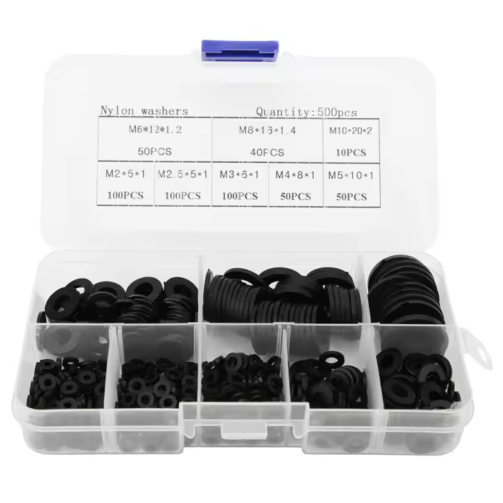500 unids/caja juego de arandelas de nailon M2 M2.5 M3 M4 M5 M6 M8 M10 accesorios de sujetadores de Hardware negro - 1