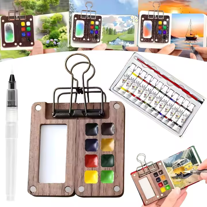 Mini juego de acuarelas, juego de acuarelas de viaje, paleta nano, con 12 pinturas de colores, caja de pintura con rejilla de madera para pintores, artistas y estudiantes - 1