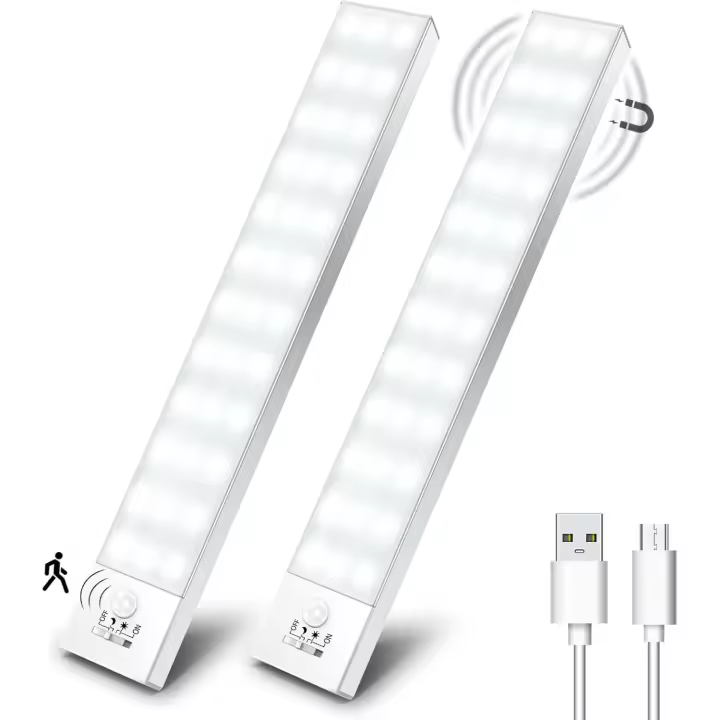 Luz LED Armario con Sensor Movimiento Blanco Natural 5000K 36 LEDs 4 Modos Luz LED Magnética Adhesiva USB Recargable 1000mAh Luz Nocturna para Guardarropa, Escaparate,Entrada-2 Piezas - 1