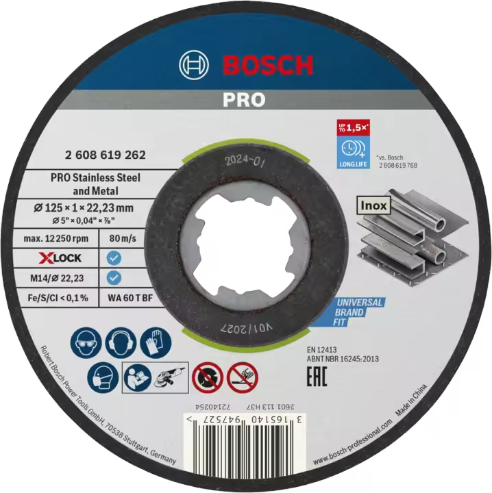 Disco de Corte 125x1x22,23mm Bosch PRO Stainless Steel and Metal 2608619262- Lata 10 discos X Lock o para amoladoras con tuerca y rosca - 1