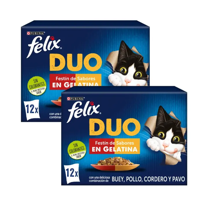 FELIX - Duo Gelatina (24x85 gr) - Comida Húmeda Festín de Sabores (Buey y Aves, Pollo y Riñón, Cordero y Buey, Pavo e Hígado) (2 Cajas de 12x85 gr) - 1