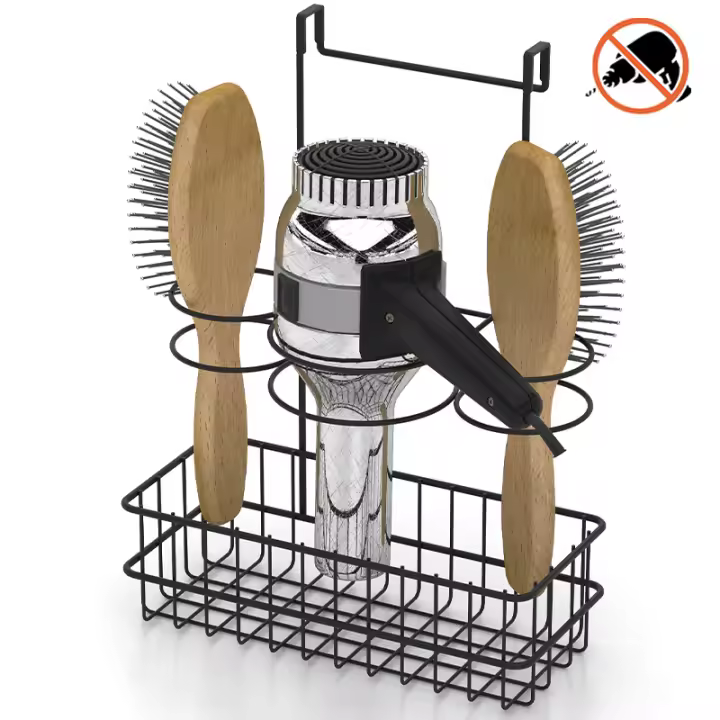 Soporte secador y peine. Colgable. Negro. - 1