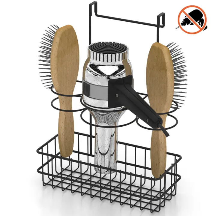 Soporte secador y peine. Colgable. Negro. - 1