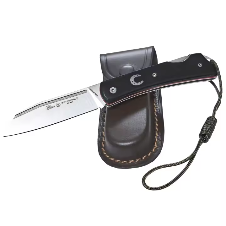 Navaja MIGUEL NIETO Horsehoof 166-MF, con hoja en acero inox. Böhler N690co de 8 cm. y empuñadura en Mikarta Negra pulida, con separadores de fibra rojos, hueco con cordón fiador incluido, con Funda de Cuero - 1