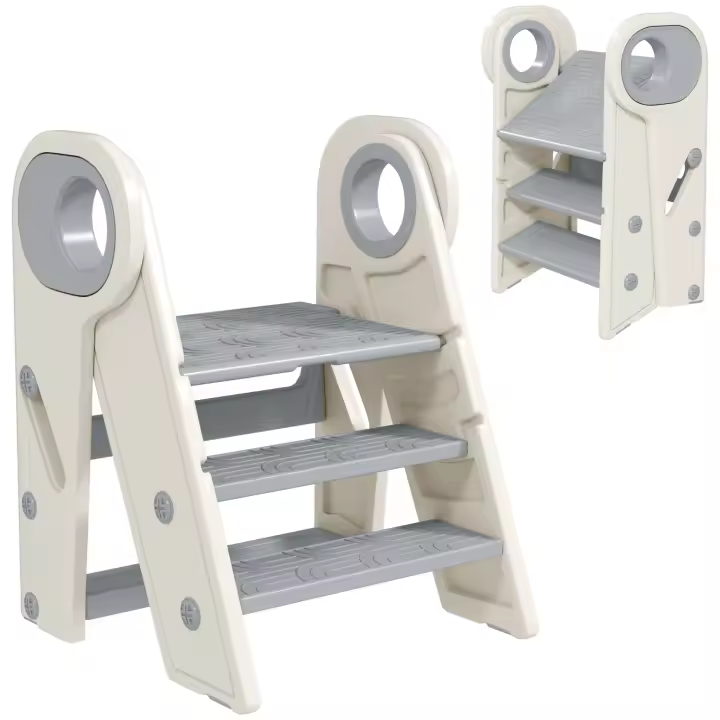 AIYAPLAY Taburete para Niños Plegable Torre de Aprendizaje Ajustable Escalera para Niños de 18-60 Meses Antideslizante para Baño Cocina Librería Dormitorio Gris y Blanco - 1