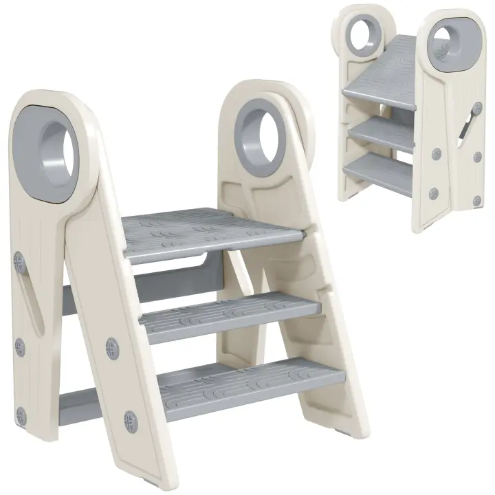 AIYAPLAY Taburete para Niños Plegable Torre de Aprendizaje Ajustable Escalera para Niños de 18-60 Meses Antideslizante para Baño Cocina Librería Dormitorio Gris y Blanco - 1