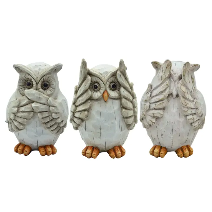 Set de 3 Figuras Decorativas de Resina "Buho no Ve, Oye, Habla". Adornos y Esculturas. Regalos Originales. Decoración Hogar. 12 x 11 x 18 cm - 1