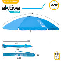 Aktive - Sombrilla playa antiviento.180 cm, 200 cm o 220 cm, Max Air, azul, forma octogonal, poliéster con protección UV50 y revestimiento plateado, 8 varillas fibra de vidrio, mástil inclinable Ø28/32 mm, incluye funda con asa, con ventilación superior - details 3