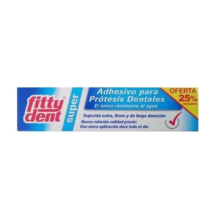 FITTYDENT - Super Adhesivo para Prótesis Dentales 40 g + 25%, Resistente al Agua, Sujeción Fuerte, Evita Desplazamiento y Rozaduras, Larga Duración 12h, Fórmula Patentada, Efecto Sellador - 1