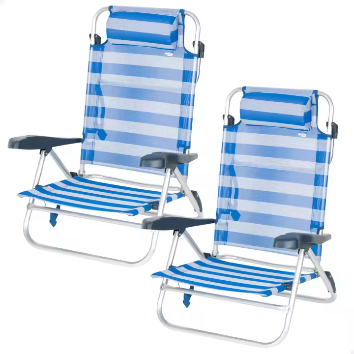 Aktive – Pack de 2 sillas de playa plegables, con respaldo reclinable 7 posiciones, convertibles en tumbona, tamaño 47x49x82 cm, de aluminio y textileno, con cojín acolchado y asas de mano para transportar, estructura plegable, máx. 110 kg, multiposición - 1