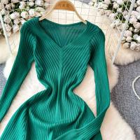 Vestido Largo Elegante Para Mujer Con Mangas Flared Y Volantes Cuello V Solido Bodycon Para Fiesta Y Oficina Polyester Mid-Calf - details 3