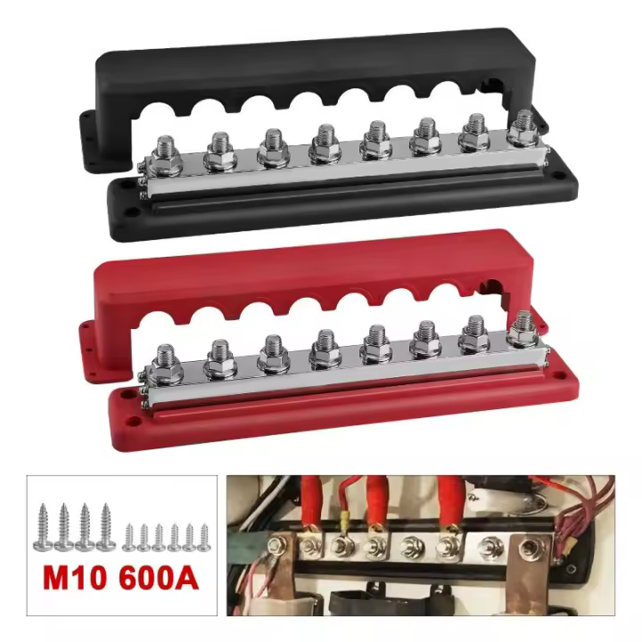 Bloque De Distribución De Energía De 8 Postos M10 Con Cubierta Resistentes a Pesos Para Automóviles RV Camiones Barco 24V 600 Amp Rating - 1