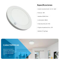 Plafon LED Techo Sensor de Movimiento Circular 23cm, 18W, 1800Lm, Superficie o Empotrable, Detector PIR de Presencia, Luz Seleccionable 3000K 4000K 6000K - details 1