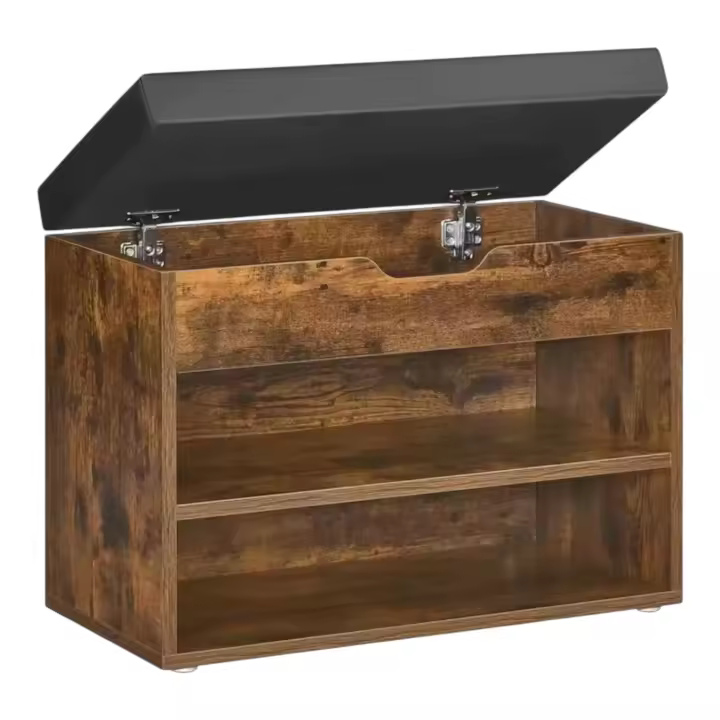 Banco Zapatero, Mueble Zapatero con Asiento Tapizado, Banco Recibidor con 3 Compartimentos y Asiento Acolchado, 30 x 60 x 44 cm, para Entrada Dormitorio Sala de Estar, Marrón Rústico 3P - 1