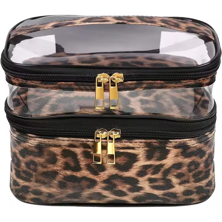 Neceser de viaje para cosméticos, neceser de maquillaje de doble capa con estampado de leopardo para mujeres y niñas. - 1