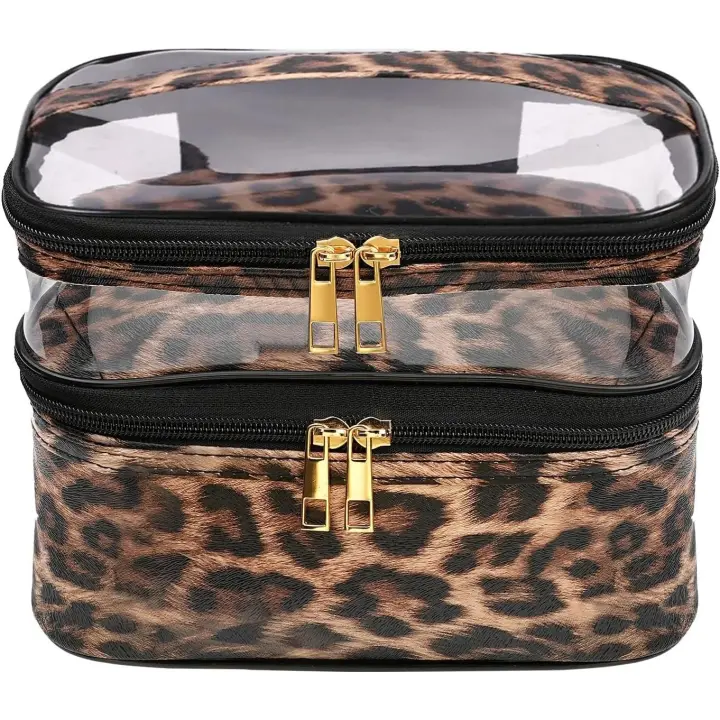 Neceser de viaje para cosméticos, neceser de maquillaje de doble capa con estampado de leopardo para mujeres y niñas. - 1