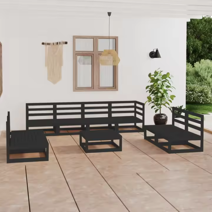 vidaXL Juego de muebles de jardín 9 piezas negro madera madera pino - 1
