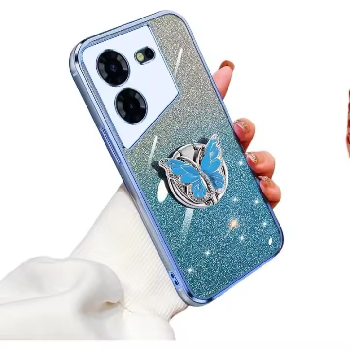 Funda de silicona compatible con Tecno Pova 5 Pro con soporte de anillo de mariposa, con brillo brillante, suave, transparente, antiarañazos, para mujeres y hombres, funda protectora para Tecno Pova 5 Pro Slim (azul) - 1