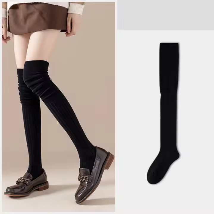 Medias Altas Hasta La Rodilla Para Mujer Algodón Y Poliéster Espesas Para Otoño E Invierno Medias De Punto Con Rayas Verticales Y Colores Sólidos - 1