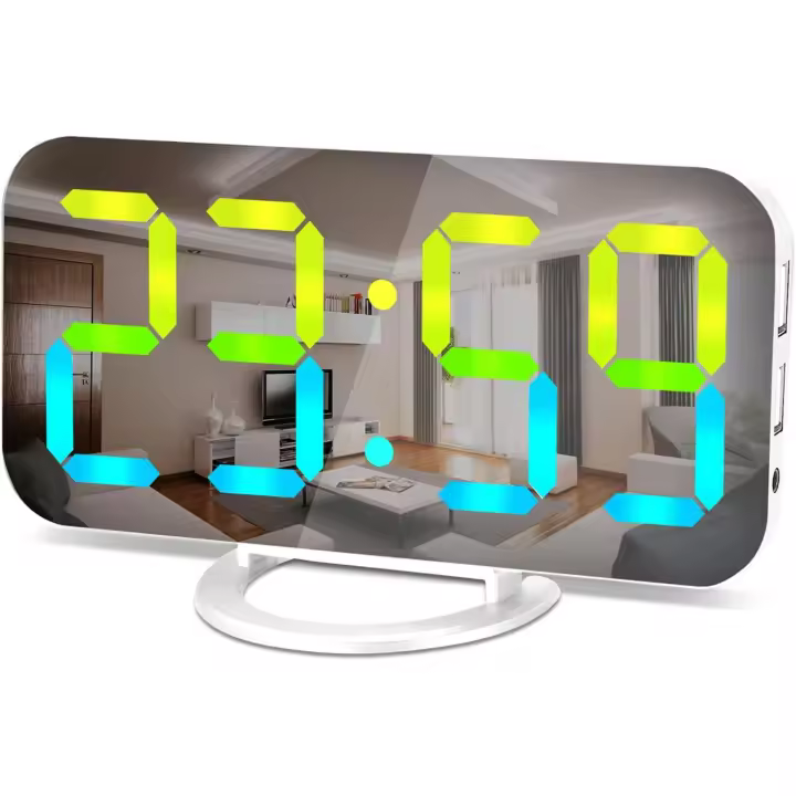 Reloj despertador digital, relojes coloridos LED RGB, con superficie de espejo, pantalla grande, 2 puertos de carga USB, atenuación automática, reloj de escritorio moderno para el dormitorio y el hogar - 1