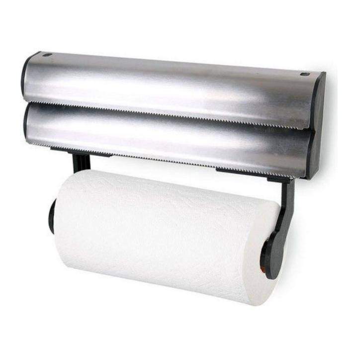 X-Portarrollos de Cocina de Acero Inoxidable,Dispensador De Papel 3 en 1,Para Papel, Papel de Aluminio y Film Transparente,Porta Rollos de Pared,organizador y cortador de servilletas 34x20x9 cm