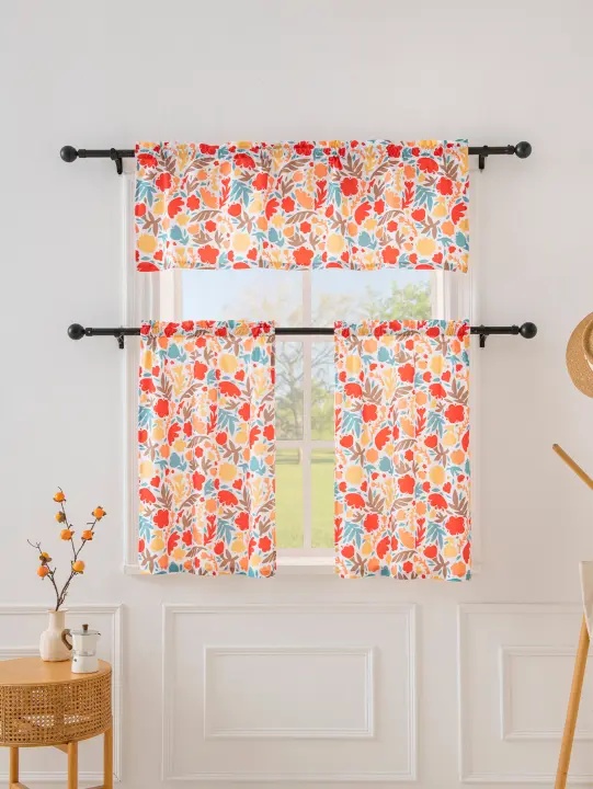 Cortinas De Cocina Pequeñas Con Serie De Flores 140*46CM (1 Pieza) 68*60CM (2 Piezas) 60*91CM (2 Piezas) Translúcidas Y De Poliéster 100% - 1