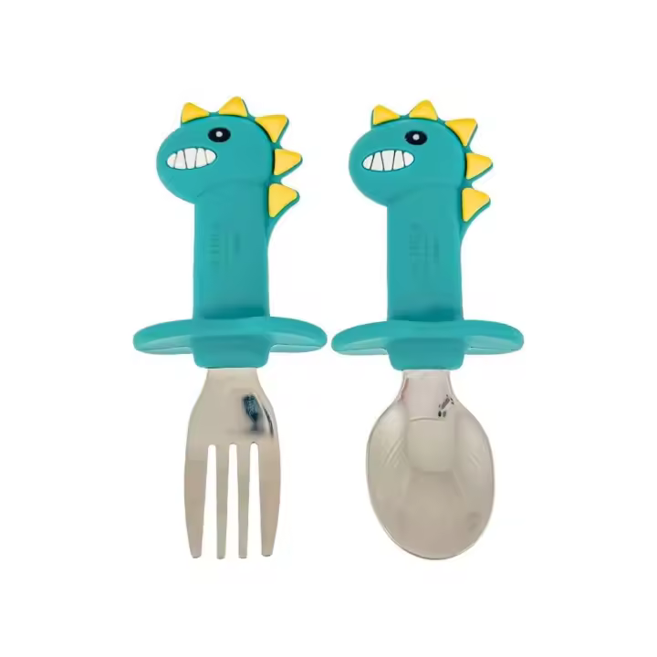 Althea Living Juego de cubiertos  en forma de dinosaurio de acero inoxidable y silicona orgánica, antiasfixia, para niños de 10 meses a 5 años - 1
