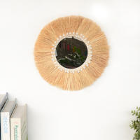 Espejo Decorativo Boho De Madera Con Tejido De Raffia Y Bola De Hilo Pequeña Decoración Para El Hogar Y Sala De Estar Estilo Forestal - details 10
