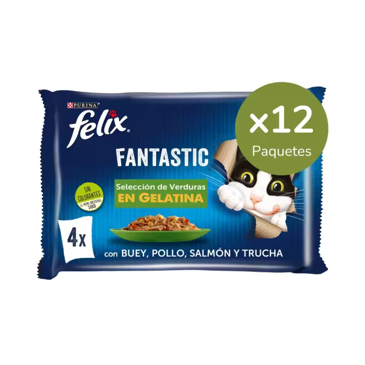 FELIX - Fantastic Gelatina (48x85 gr) - Comida Húmeda Selección de Verduras (Buey y Zanahoria, Pollo y Tomate, Trucha y Judías, Salmón y Calabacín) (12x4x85 gr) - 1