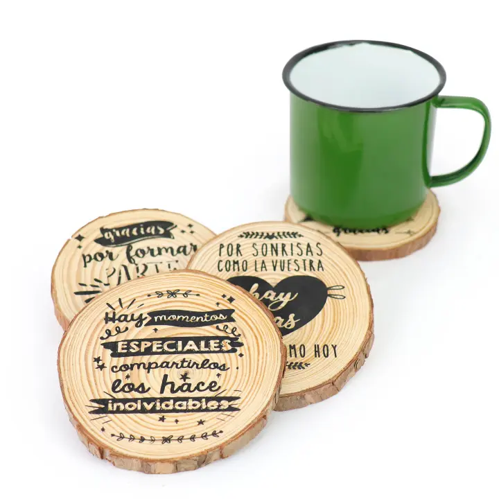 Pack 6 a 24 de 4 posavasos madera, modelos variados, detalles para invitados de boda, regalos bautizo madera, recuerdos originales para eventos, Regalantes Store - 1