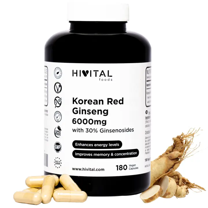 Ginseng Rojo Coreano 6000 mg. 180 cápsulas veganas para 6 meses. Con un 30% de Ginsenosidos por cápsula. Aumenta los niveles de energía, y mejora la concentración, la memoria y la resistencia atlética. Hivital - 1